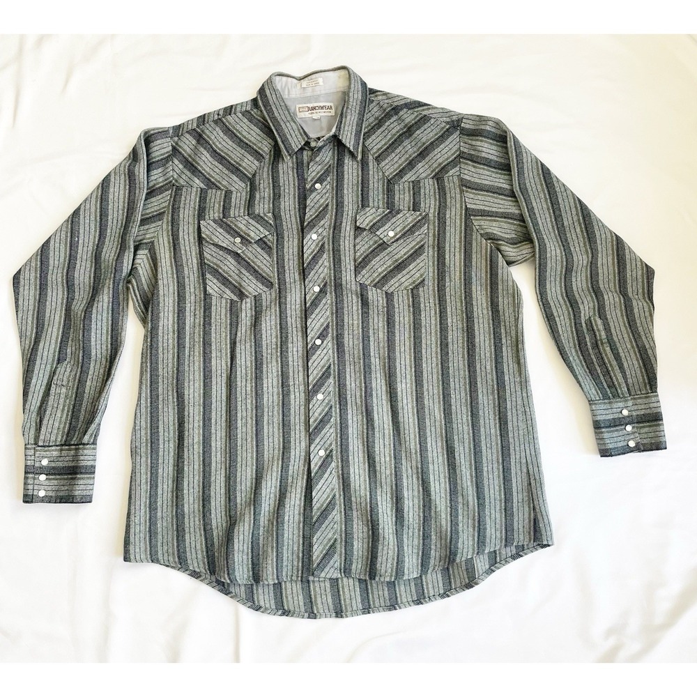 Vtg Corral West Ranch Wear Shirt Men 17.5" 36 Gray Stripe Pearl Snap Western